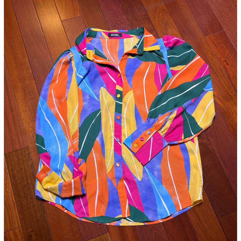 BTFBM Abstract Multicolor Button Front Blouse Women’s M Long Sleeve Geometric